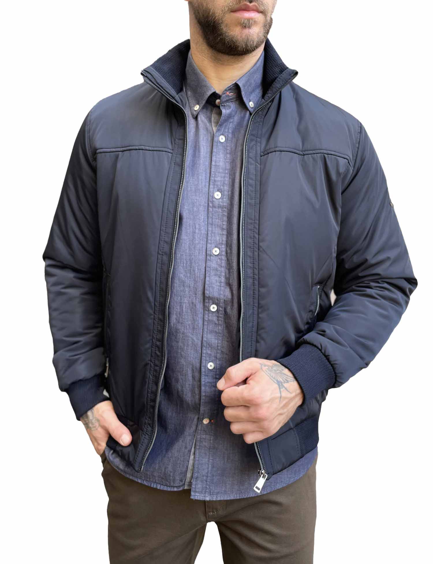 Ανδρικό μπλε μπουφάν με γιακά και λάστιχο HM264044B φωτογραφία